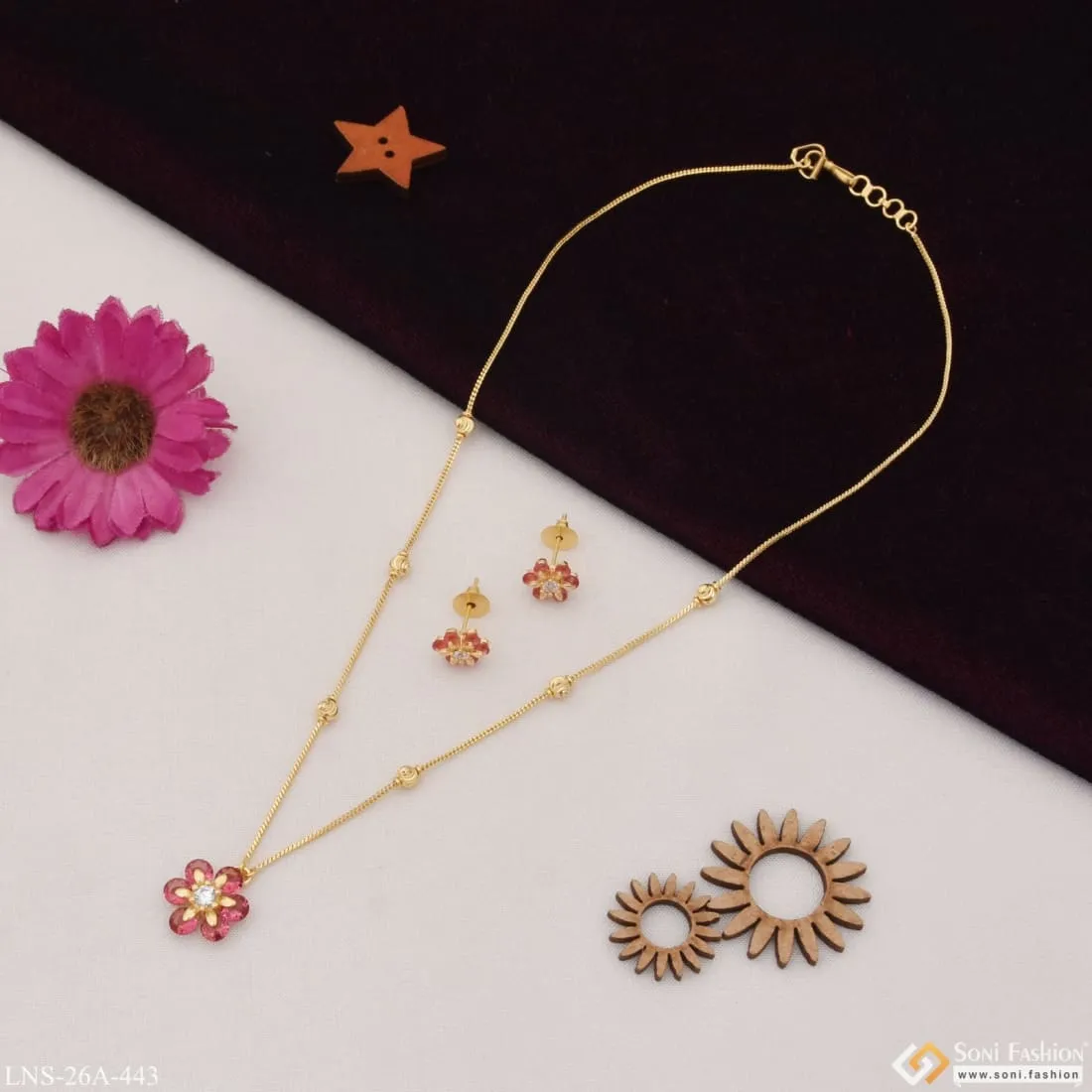 1 Gram Gold Plated Flower With Diamond Designer Necklace Set For Ladies - Style A443