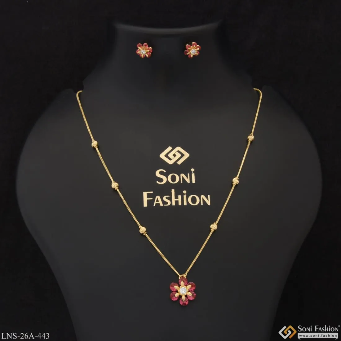 1 Gram Gold Plated Flower With Diamond Designer Necklace Set For Ladies - Style A443