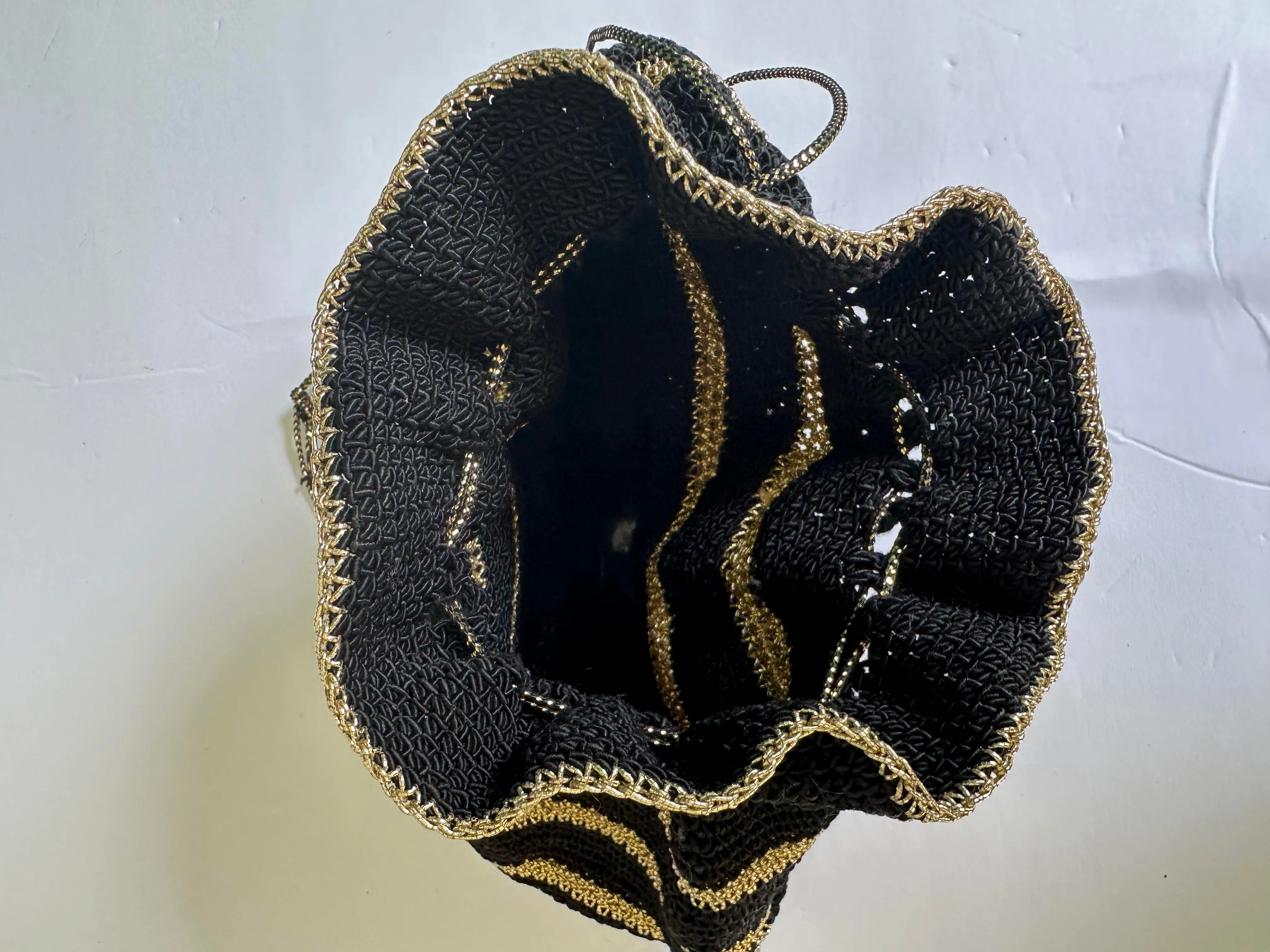 1950s Black and Gold Crochet Purse with Plastic Bottom - Rockabilly Purse - Pin Up Purse - Handmade Purse - Rayon Corde Purse