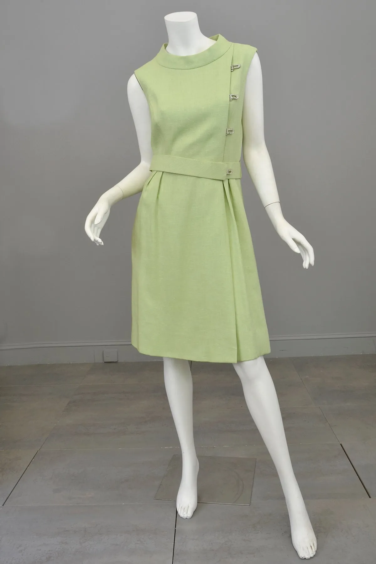 1960s Citrus Lime Green Crystal Buttons Retro Dress by Adele Simpson