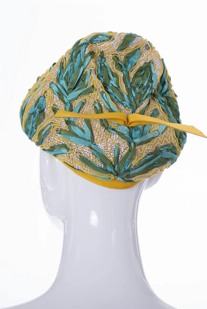 1960's Lilly Daché Dachettes Vintage Green and Yellow Straw Ribbon Hat