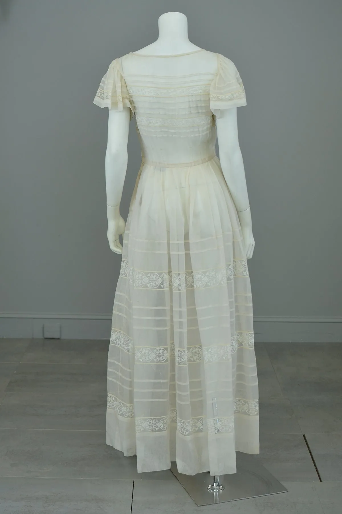 1970s Lovely Sheer Cream Tiered Panel Gown with Flutter Sleeves | 70s Peasant Gown