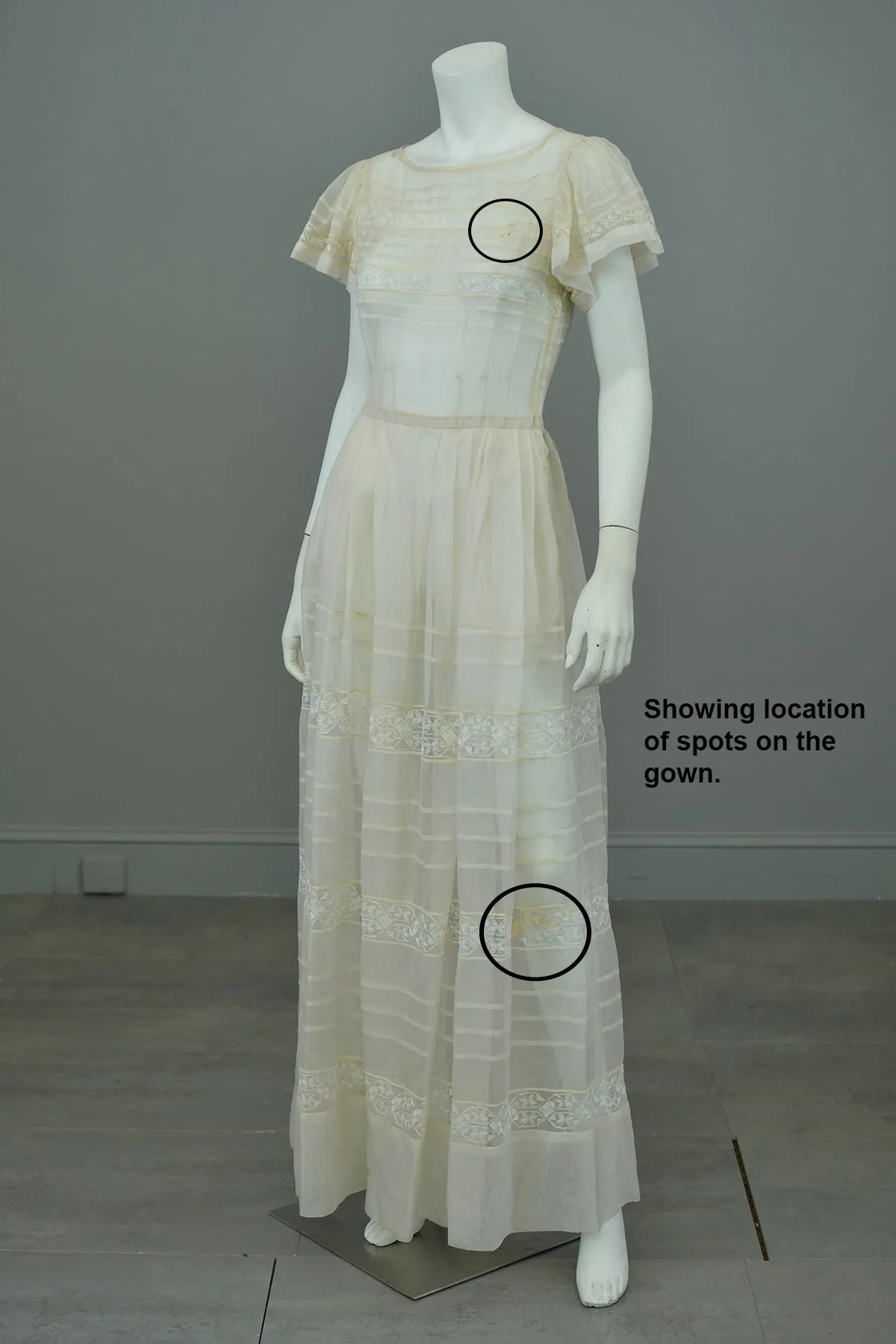 1970s Lovely Sheer Cream Tiered Panel Gown with Flutter Sleeves | 70s Peasant Gown