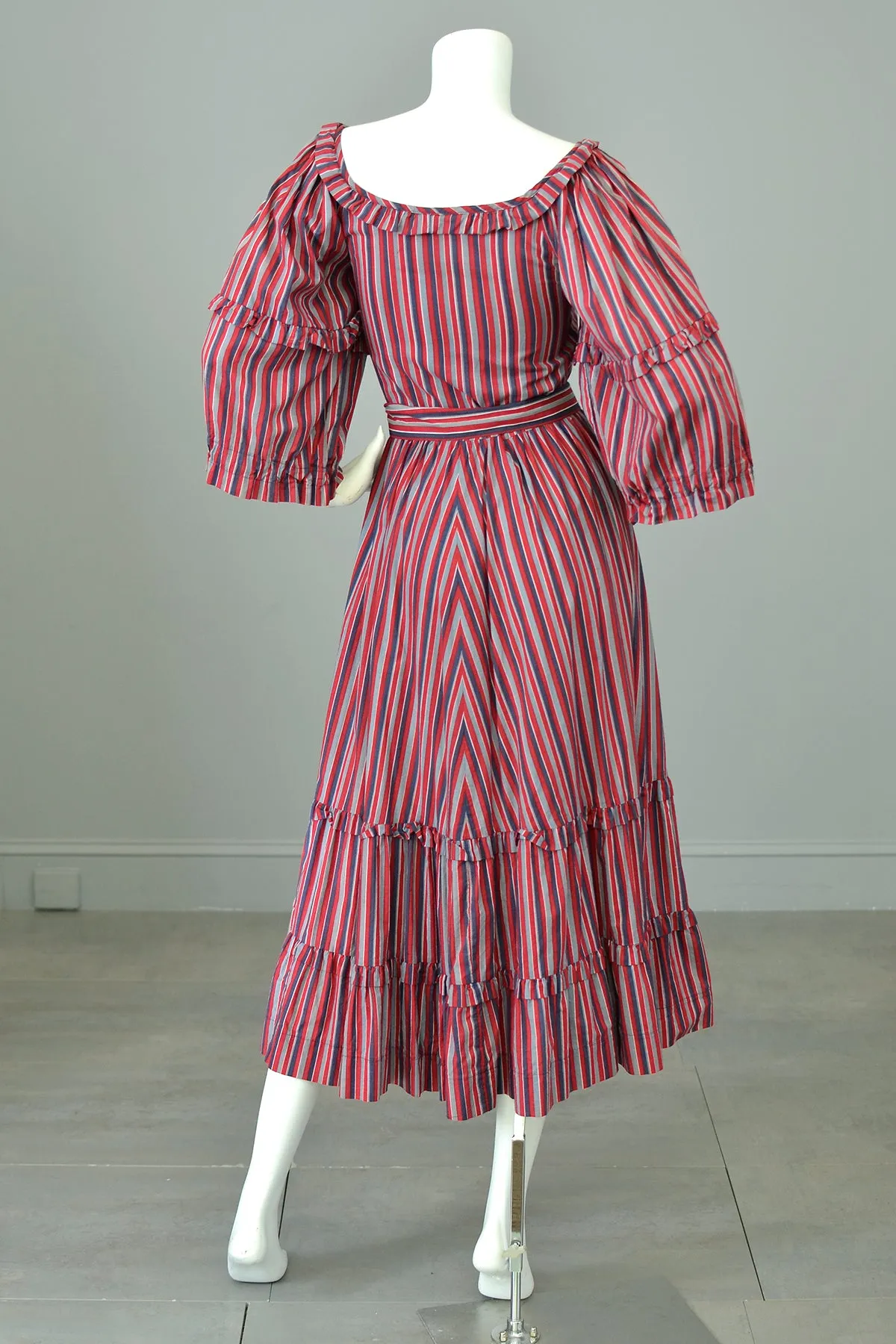 1980s Striped Cotton Peasant Dress with Puffy Bell Sleeves and Tiered Skirt by Laura Ashley