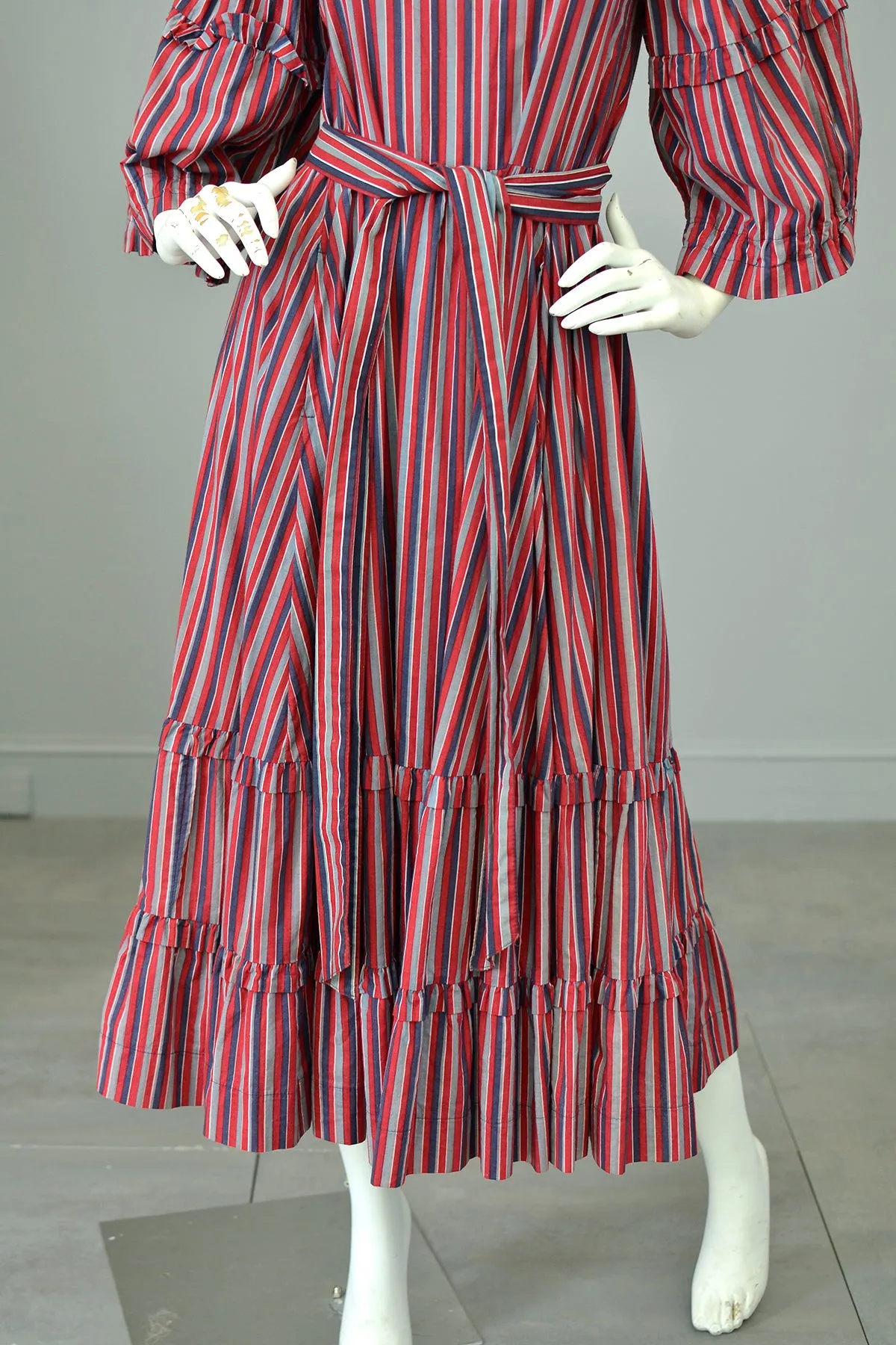 1980s Striped Cotton Peasant Dress with Puffy Bell Sleeves and Tiered Skirt by Laura Ashley