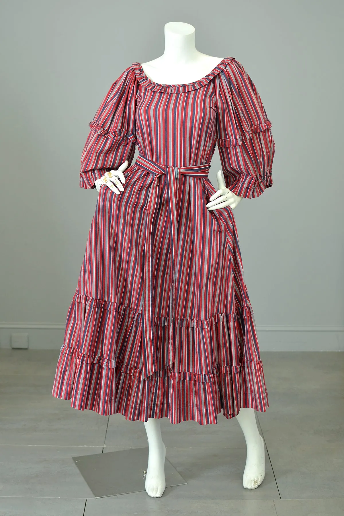 1980s Striped Cotton Peasant Dress with Puffy Bell Sleeves and Tiered Skirt by Laura Ashley