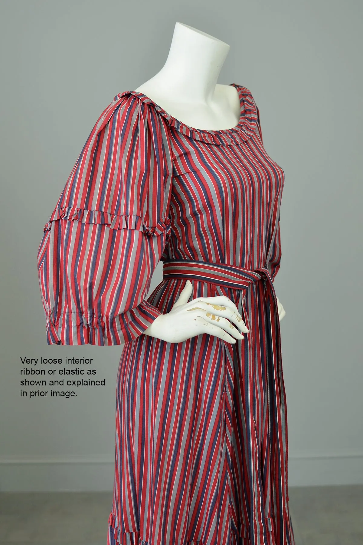 1980s Striped Cotton Peasant Dress with Puffy Bell Sleeves and Tiered Skirt by Laura Ashley