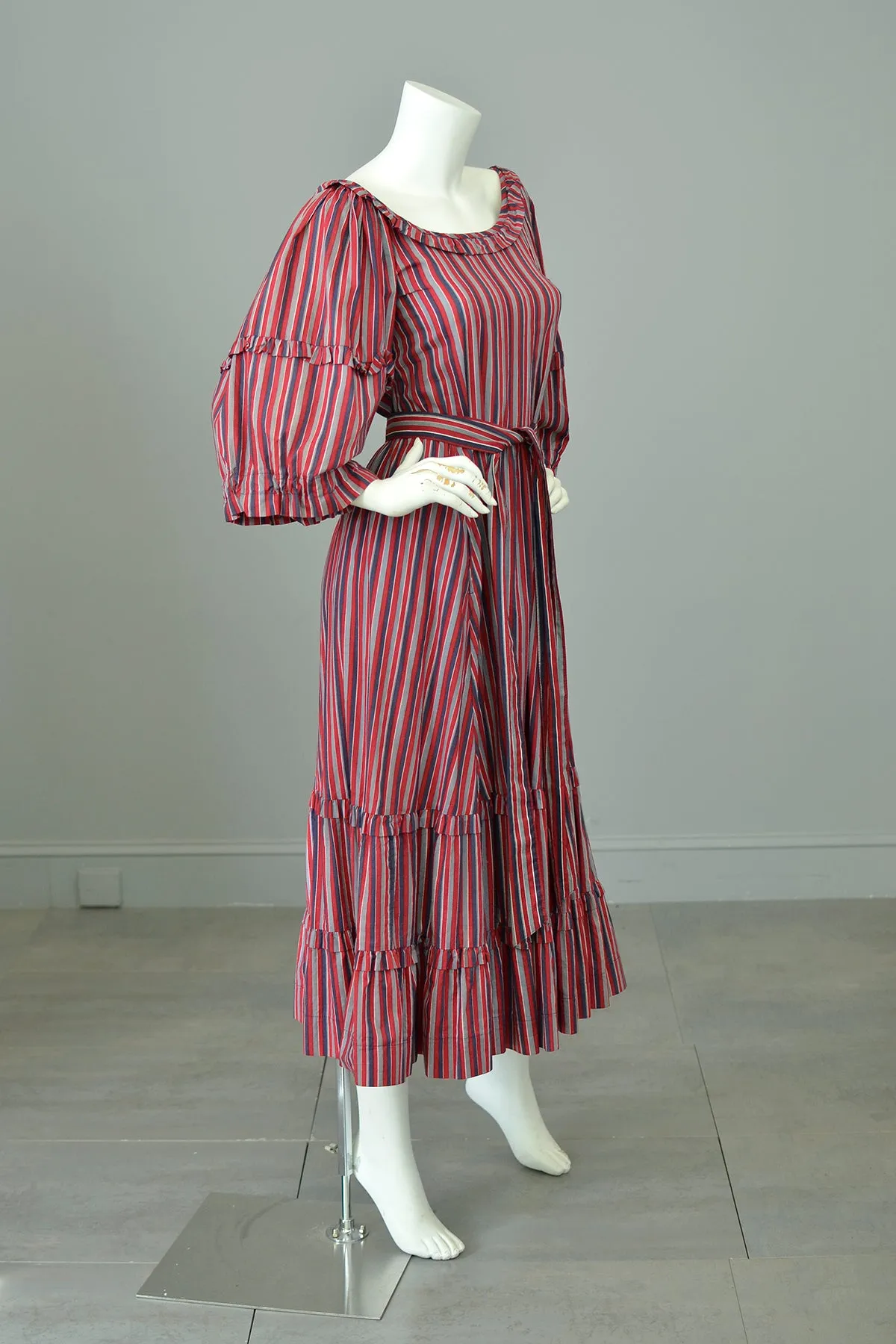 1980s Striped Cotton Peasant Dress with Puffy Bell Sleeves and Tiered Skirt by Laura Ashley