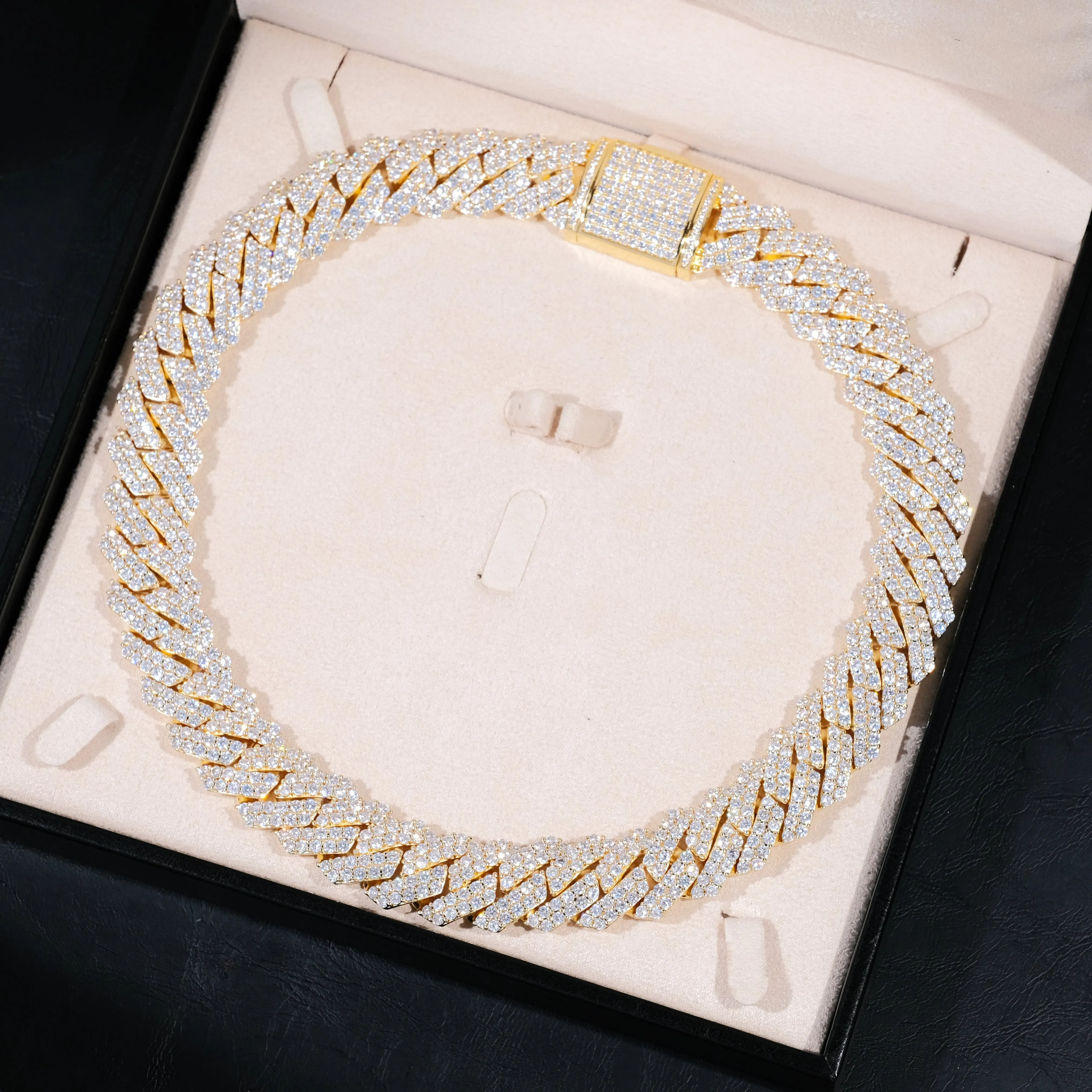 19mm 2-Row Iced Prong Cuban Chain In 18K Gold