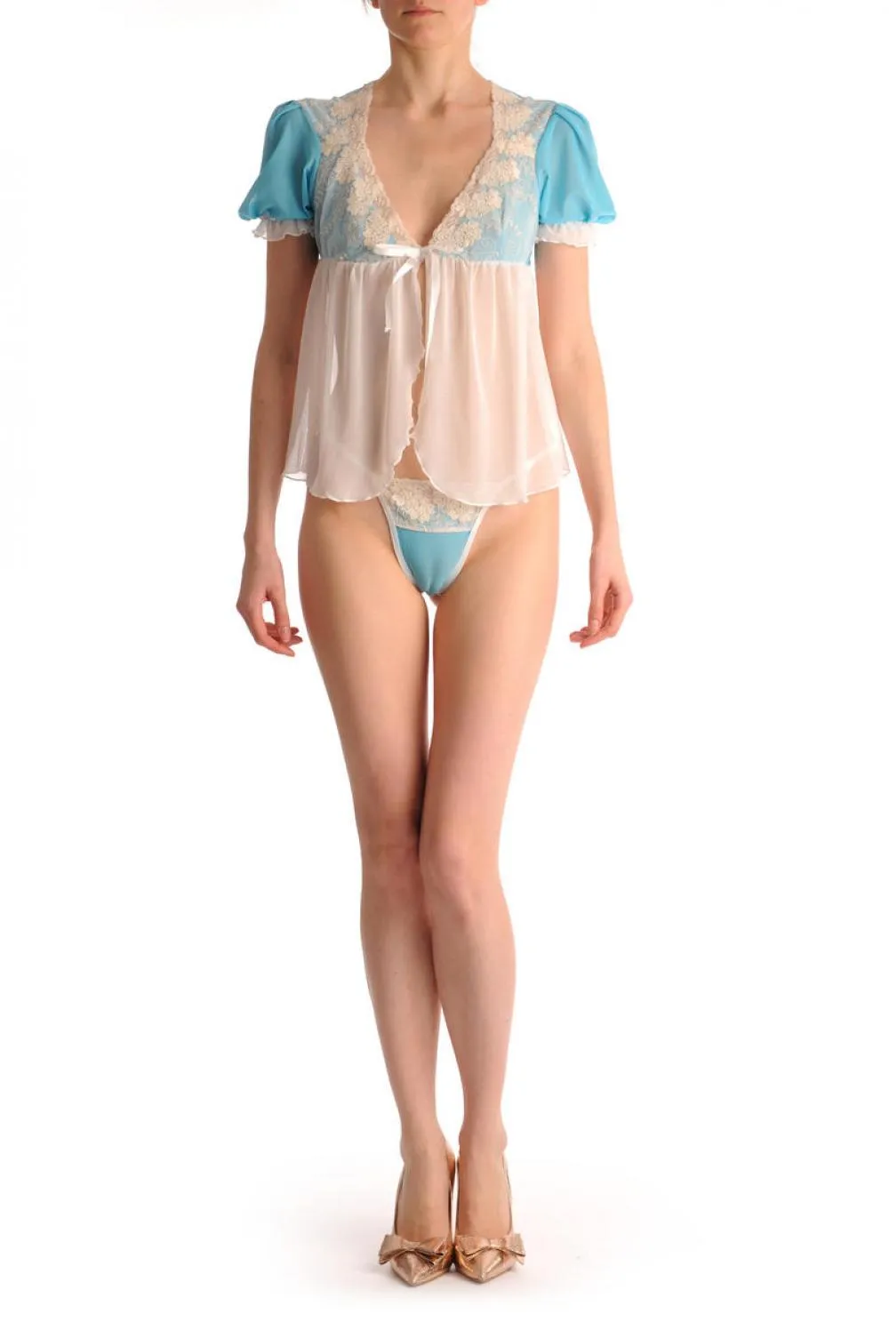 Aqua Blue With Short Sleeves Cream Lace & Matching Brief Set