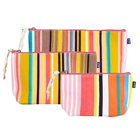 AQVA Pack of 3 Printed Cotton Canvas Pouch, Cosmetic Makeup Bag, Multi-Function Beach Travel Bag, Coin Purse, Pencil Holder, Large Capacity Toiletry Bags for Women & Men (Stripe)