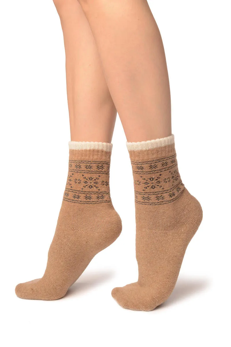 Arctic Snowflakes On Beige Angora Ankle High Socks