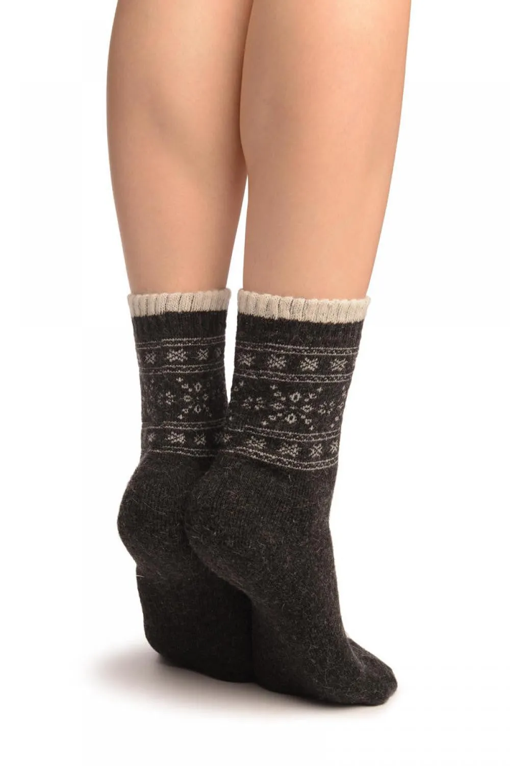 Arctic Snowflakes On Dark Grey Angora Ankle High Socks