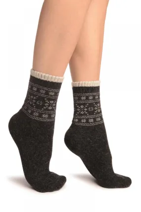 Arctic Snowflakes On Dark Grey Angora Ankle High Socks