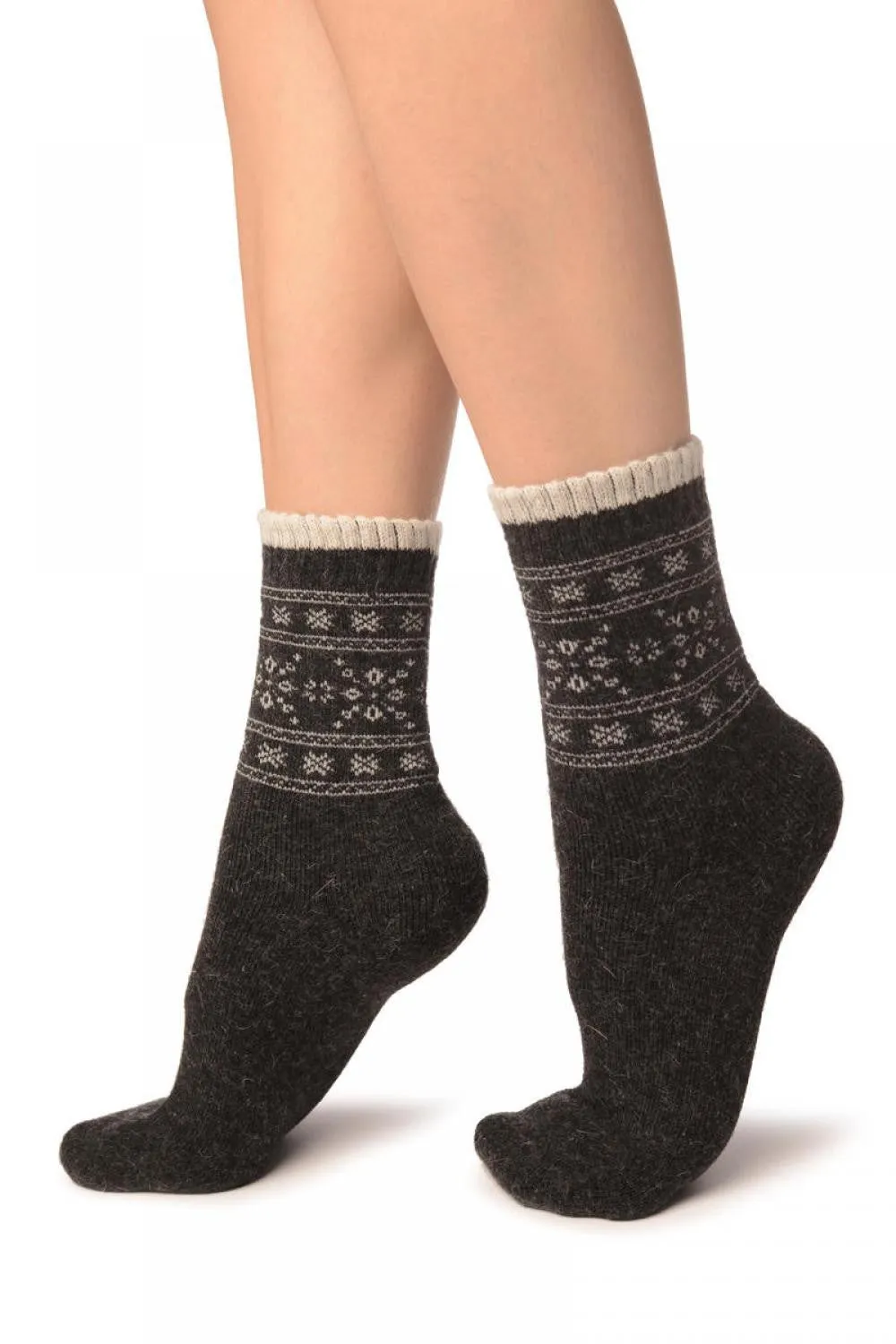 Arctic Snowflakes On Dark Grey Angora Ankle High Socks