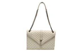 AUTHENTIC SAINT LAURENT WHITE MIX MATELASSÉ GRAIN DE POUDRE EMBOSSED LEATHER ENVELOPE LARGE BAG