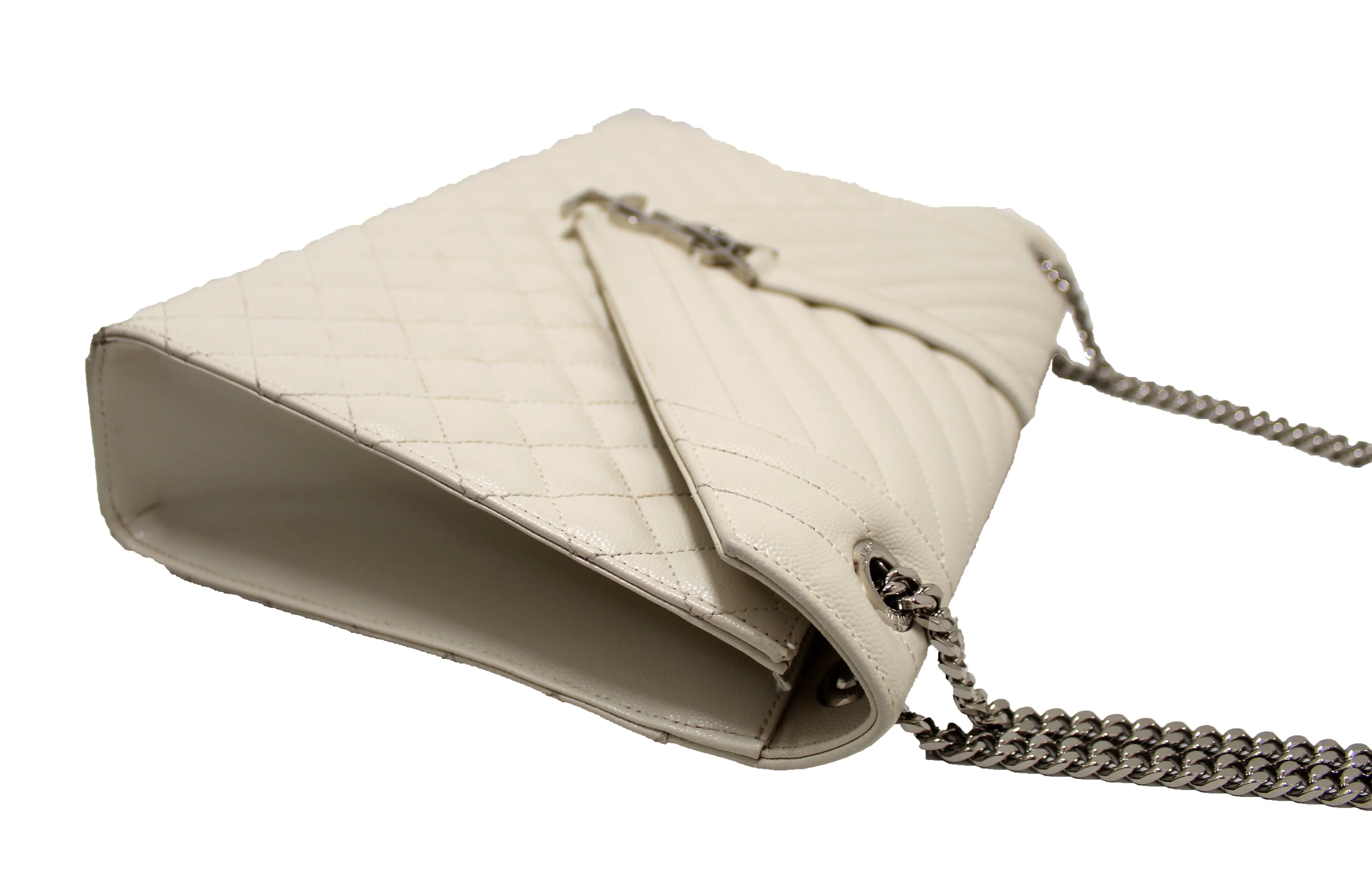 AUTHENTIC SAINT LAURENT WHITE MIX MATELASSÉ GRAIN DE POUDRE EMBOSSED LEATHER ENVELOPE LARGE BAG