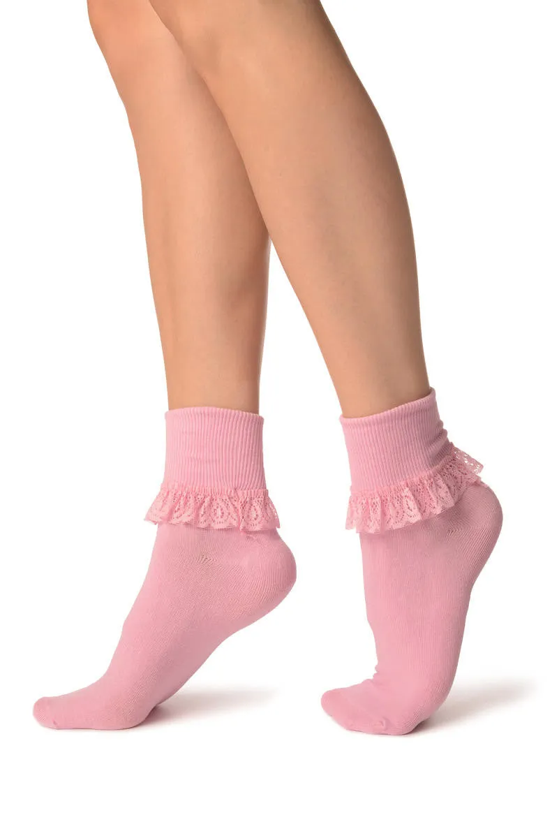 Baby Pink With Pink Lace Trim Ankle High Socks