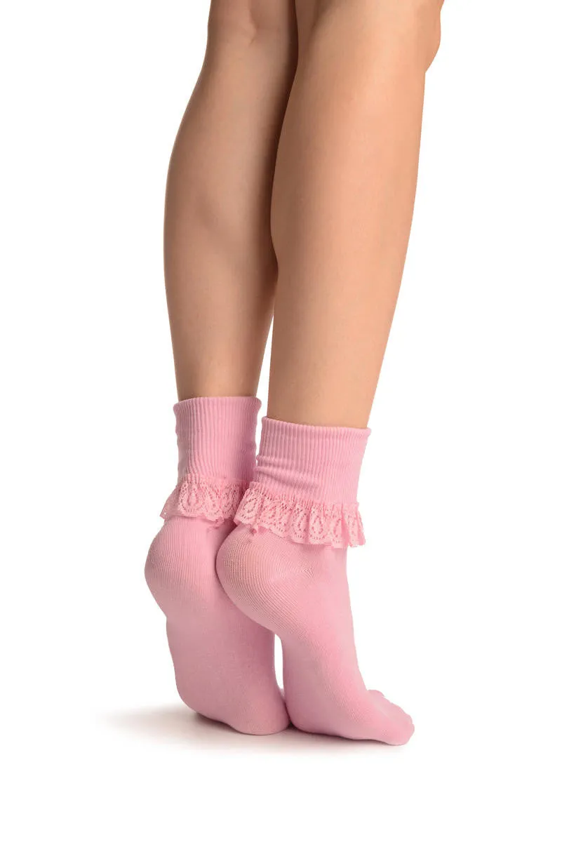 Baby Pink With Pink Lace Trim Ankle High Socks