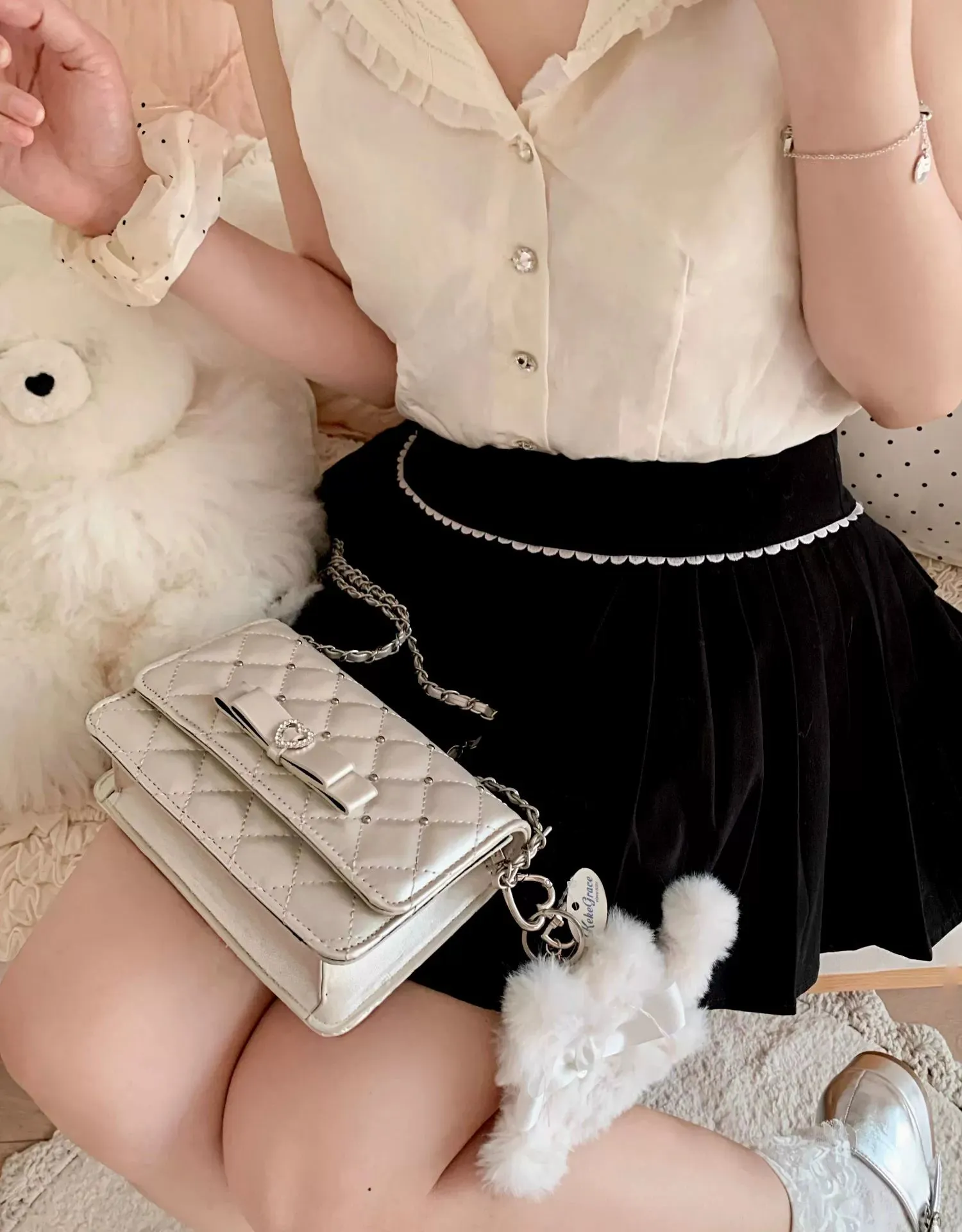 BabyFaceGirl Kawaii Lolita Love Heartbeat Crossbody Shoulder Bag Elegant Rhinestone Bow Quilted Chain Bag