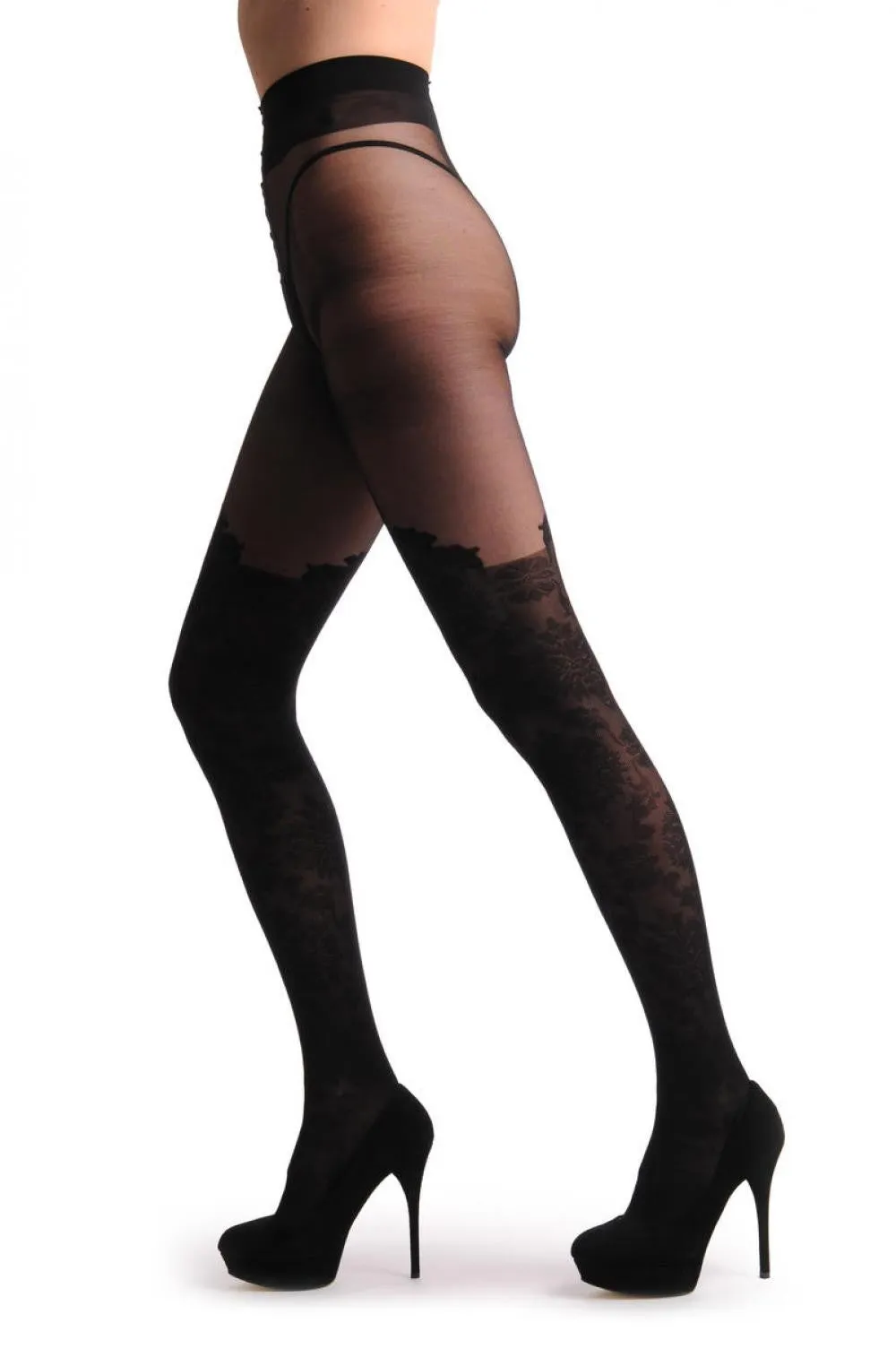 Barocco Lace Style Over The Knee Faux Socks With Transparent Top