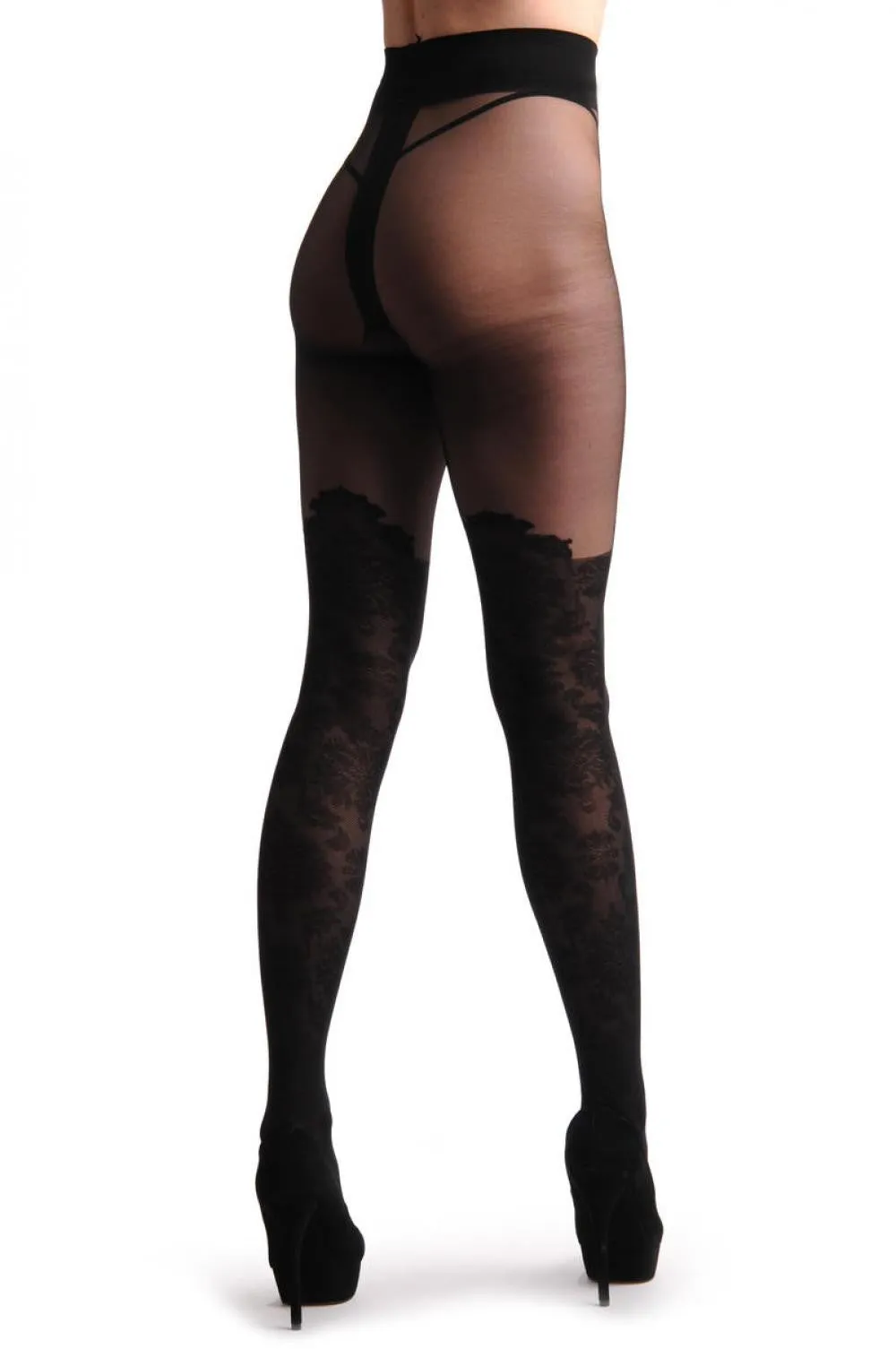 Barocco Lace Style Over The Knee Faux Socks With Transparent Top