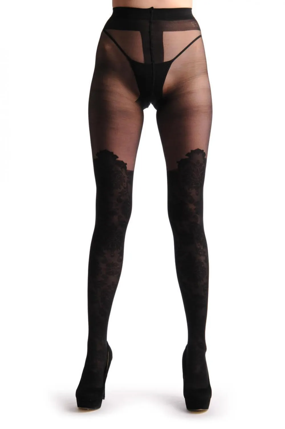 Barocco Lace Style Over The Knee Faux Socks With Transparent Top