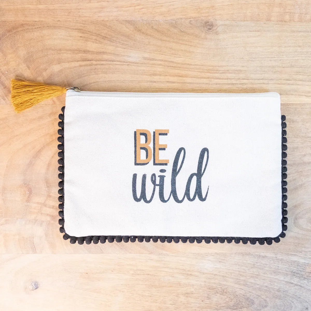 Be Wild Cosmetic Bag with Black Pom Pom Trim