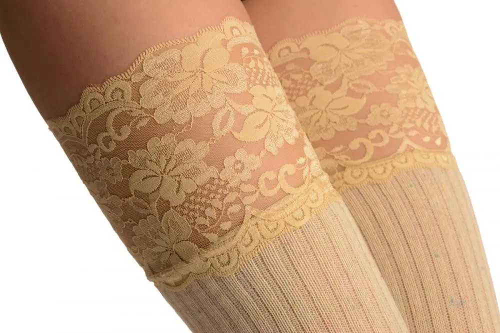 Beige & Rainbow Pinstripe Melange With Wide Lace Trim