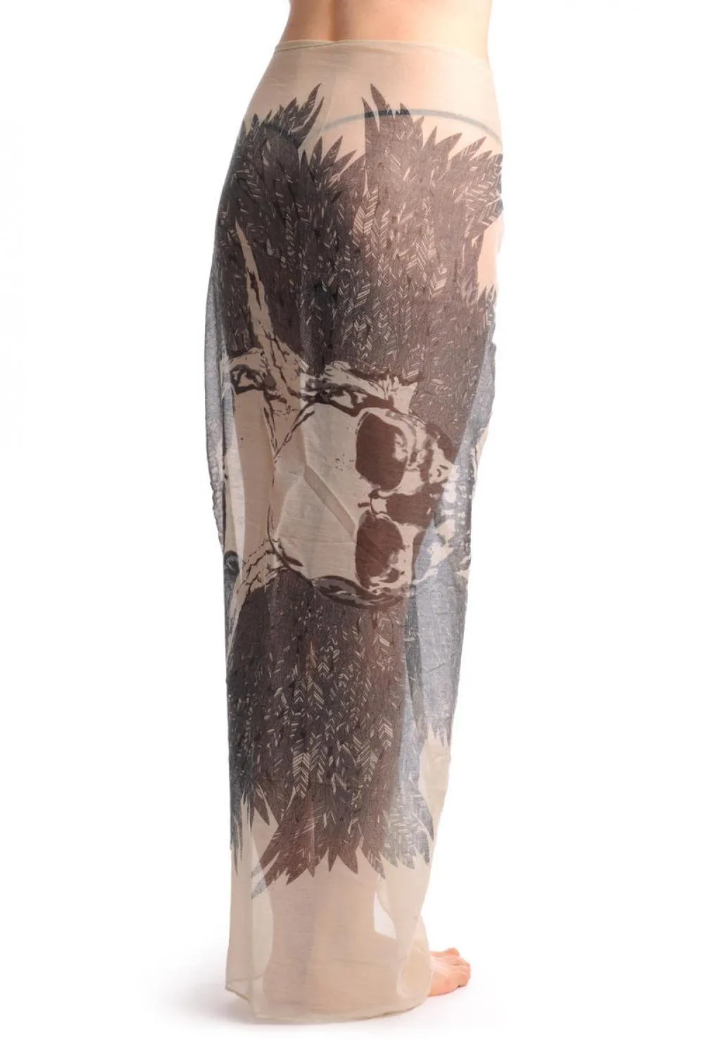 Beige With Black Skull & Raven Wings Unisex Scarf & Beach Sarong