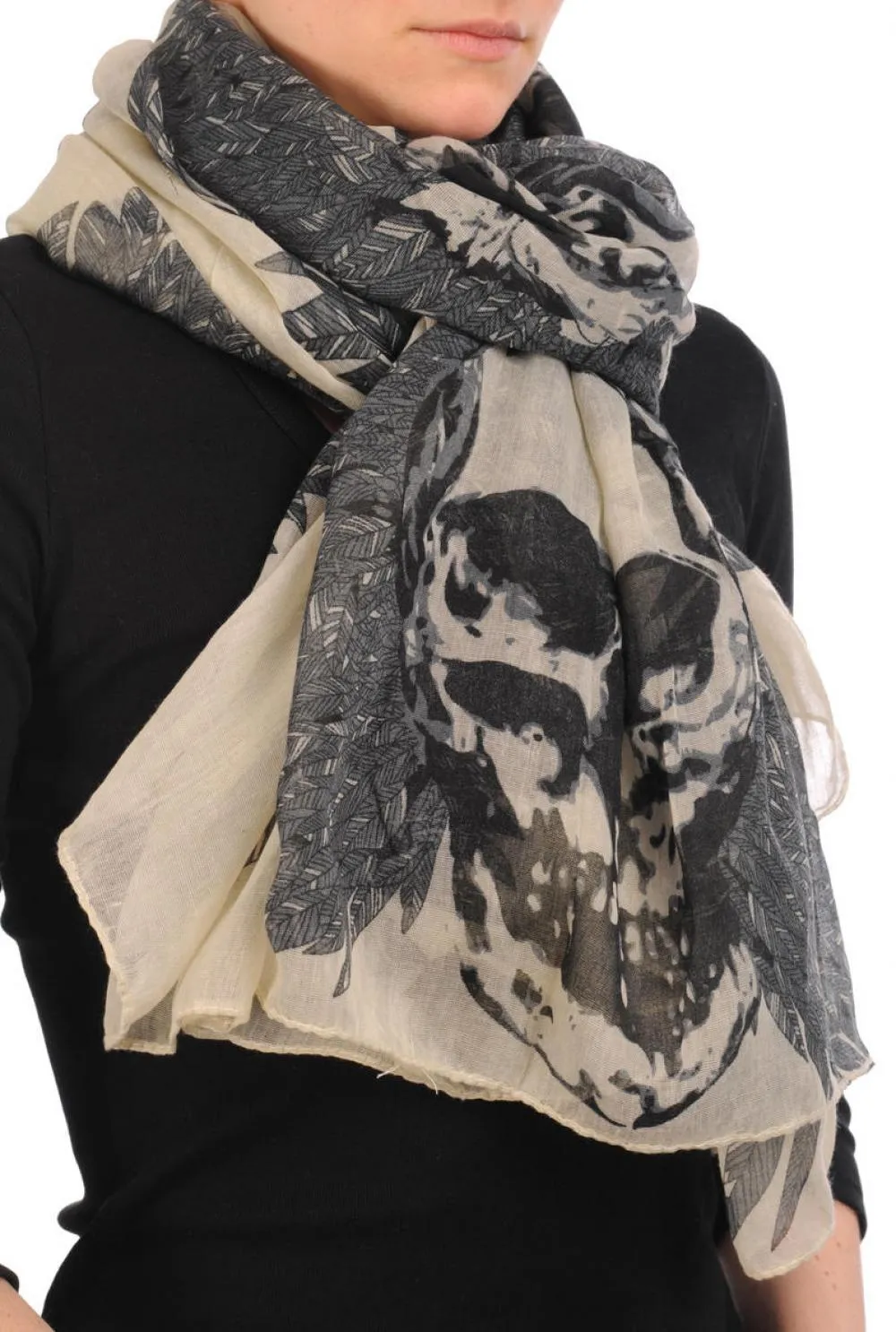 Beige With Black Skull & Raven Wings Unisex Scarf & Beach Sarong