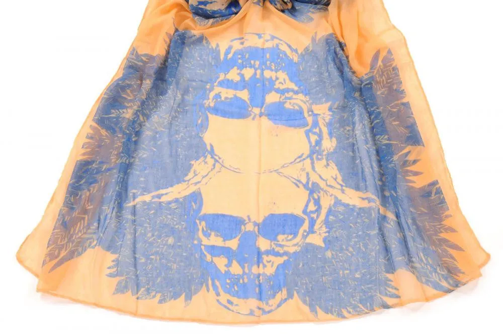 Beige With Blue Skull & Raven Wings Unisex Scarf & Beach Sarong