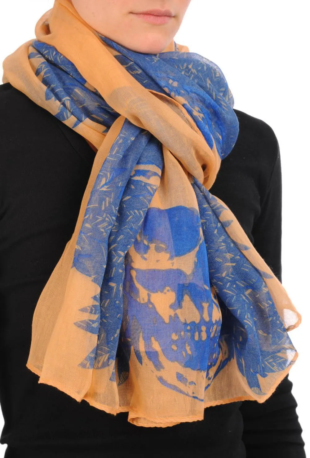 Beige With Blue Skull & Raven Wings Unisex Scarf & Beach Sarong