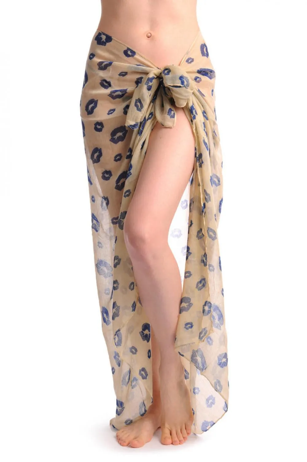 Beige With Navy Blue Lips Unisex Scarf & Beach Sarong