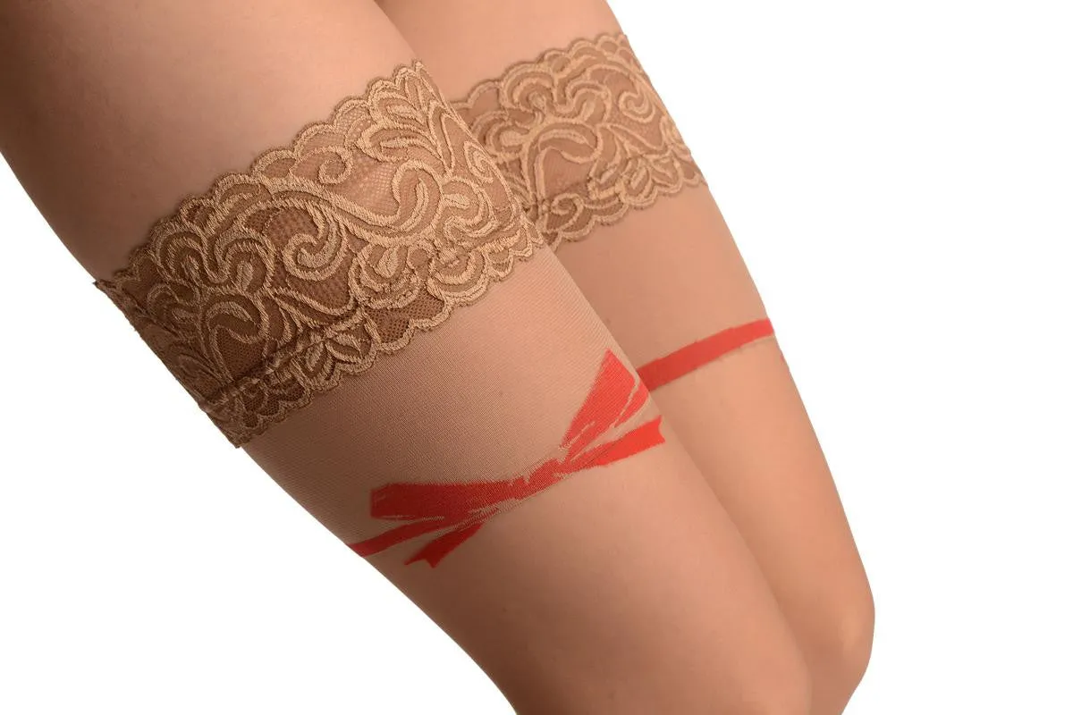 Beige With Red Bow And Fine Lace Silicon Garter