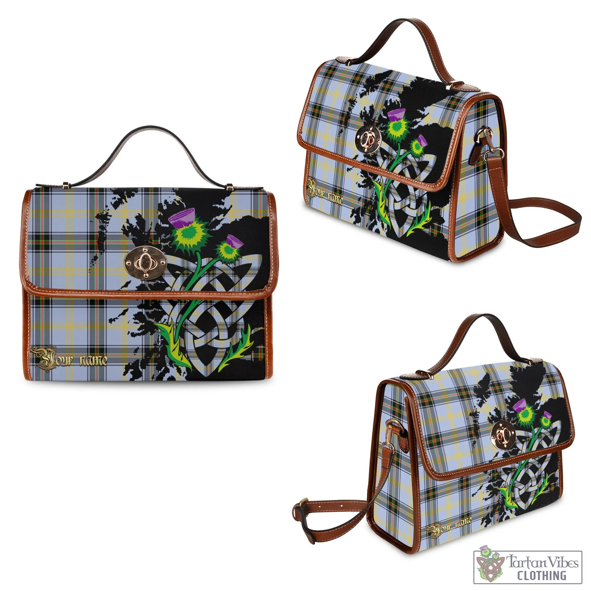 Bell Tartan Waterproof Canvas Bag with Scotland Map and Thistle Celtic Accents