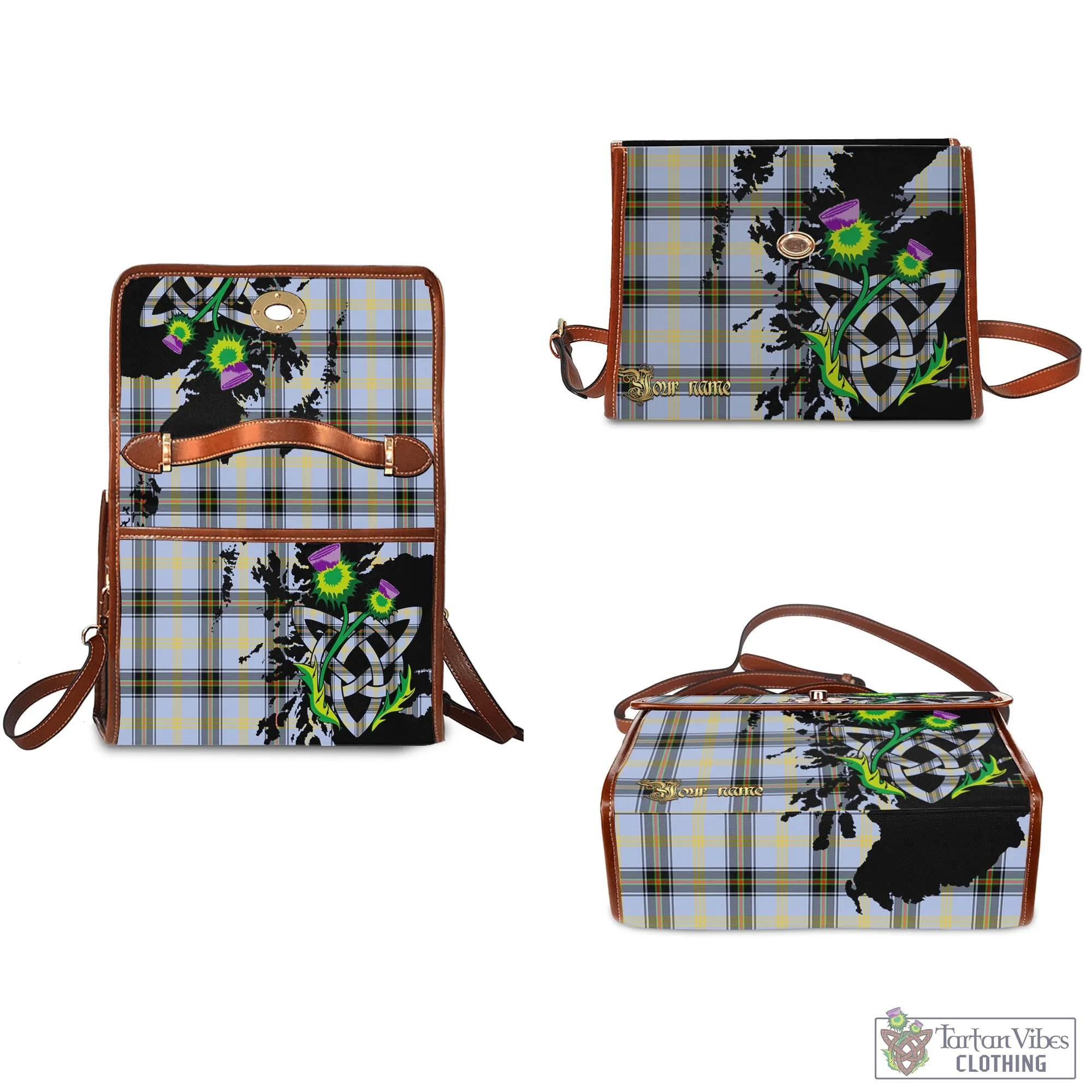 Bell Tartan Waterproof Canvas Bag with Scotland Map and Thistle Celtic Accents