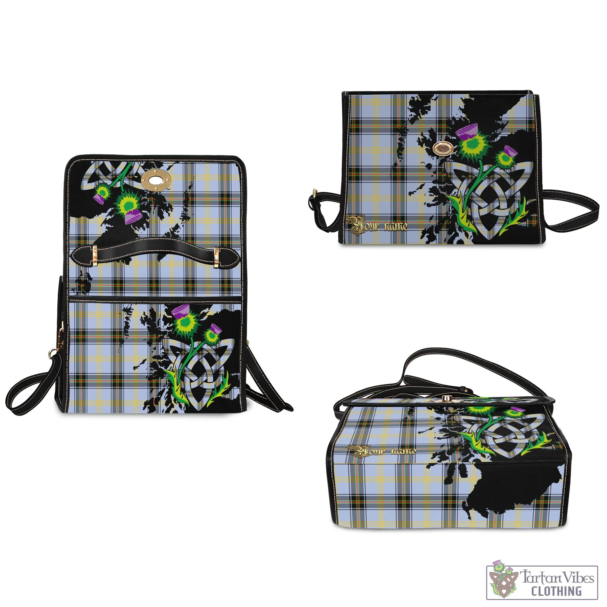 Bell Tartan Waterproof Canvas Bag with Scotland Map and Thistle Celtic Accents