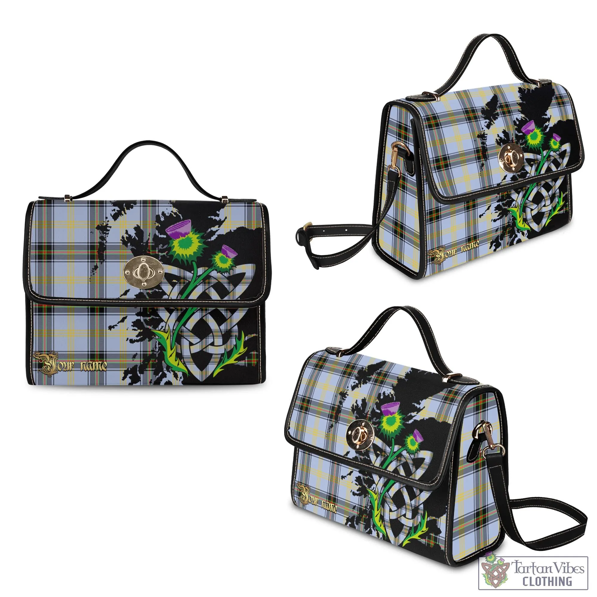 Bell Tartan Waterproof Canvas Bag with Scotland Map and Thistle Celtic Accents