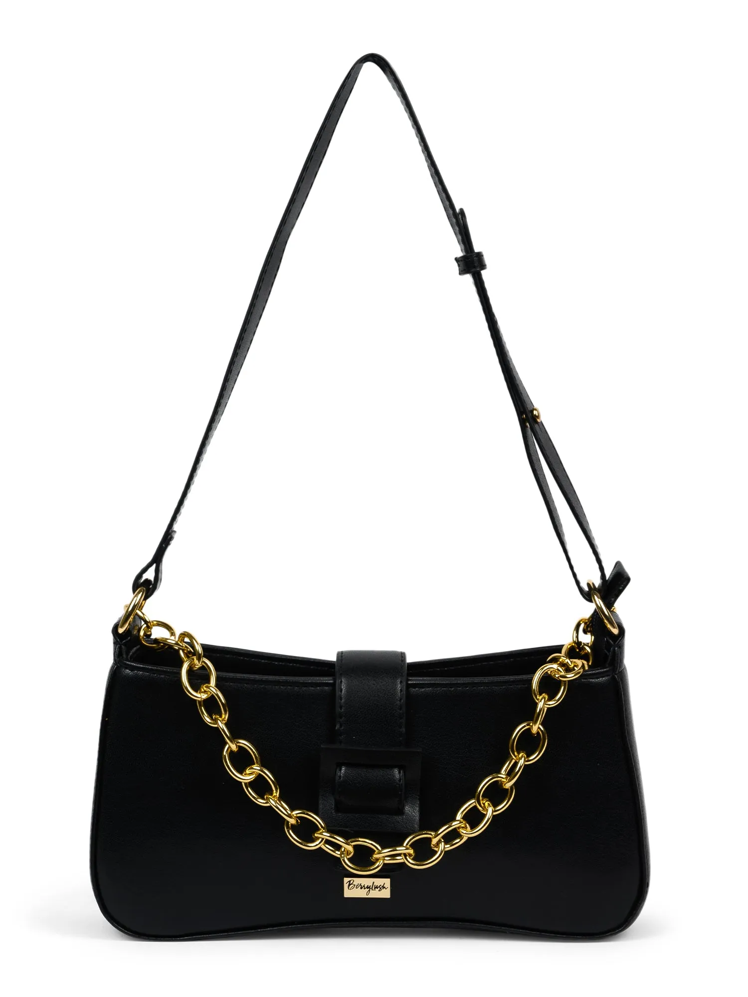 Berrylush Women Solid Black Synthetic Leather Chain Strap One-Handle Zipper-Up Shoulder Bag