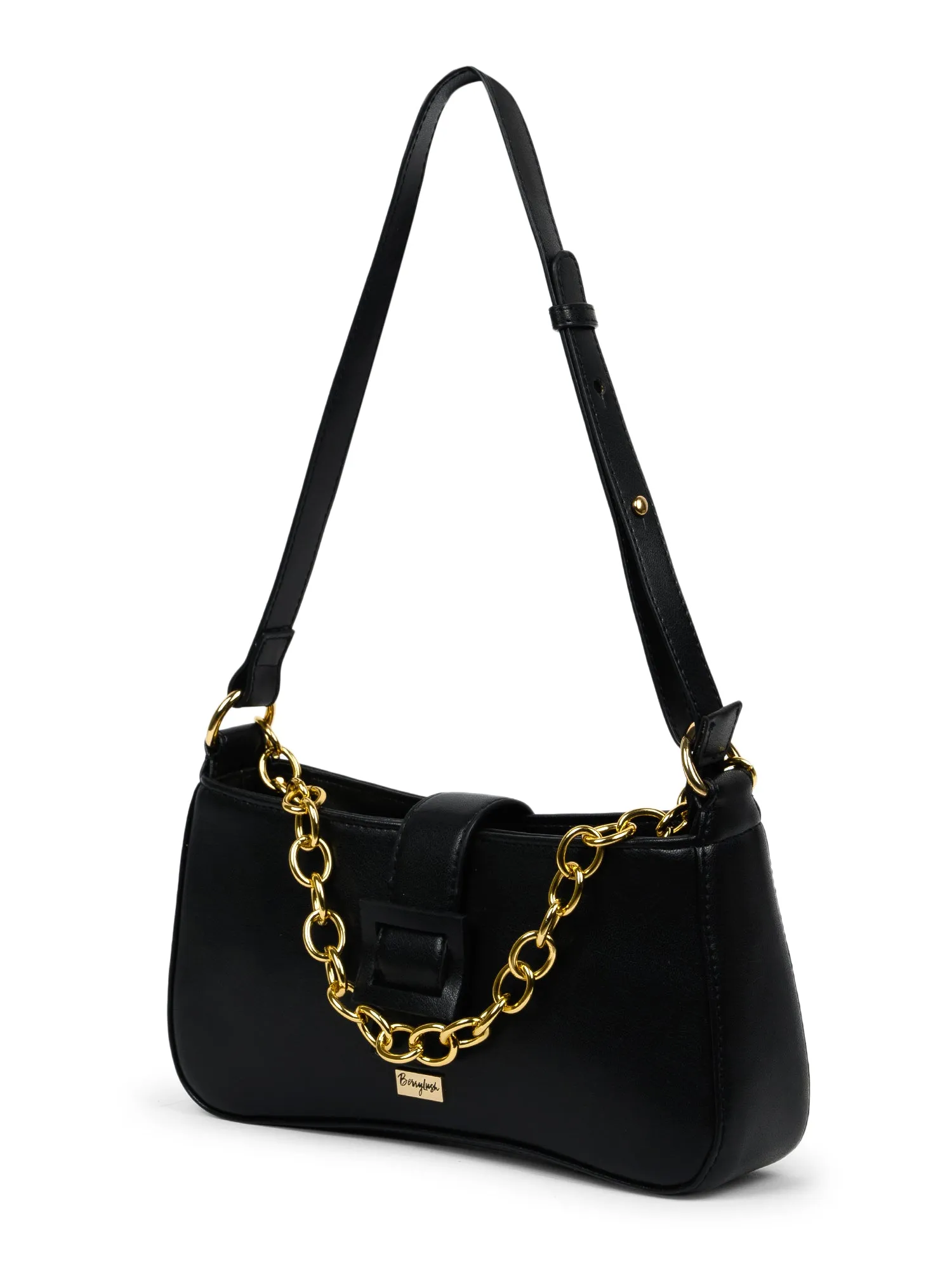 Berrylush Women Solid Black Synthetic Leather Chain Strap One-Handle Zipper-Up Shoulder Bag