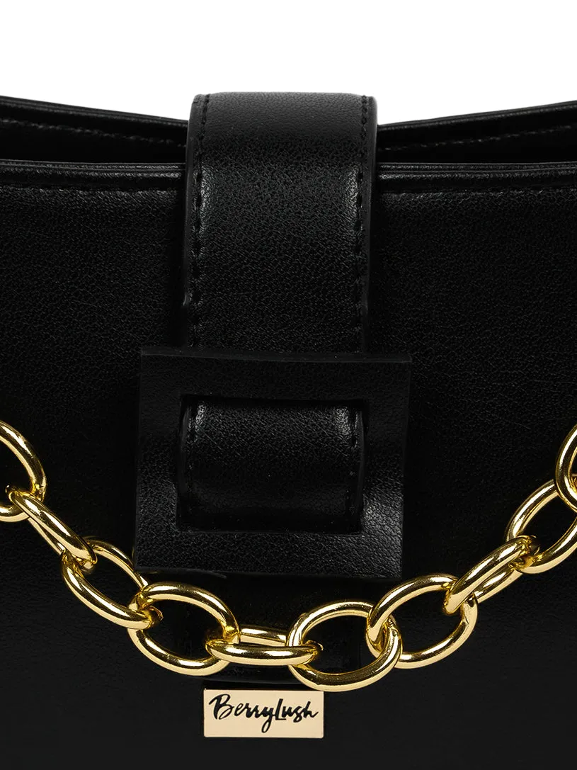 Berrylush Women Solid Black Synthetic Leather Chain Strap One-Handle Zipper-Up Shoulder Bag