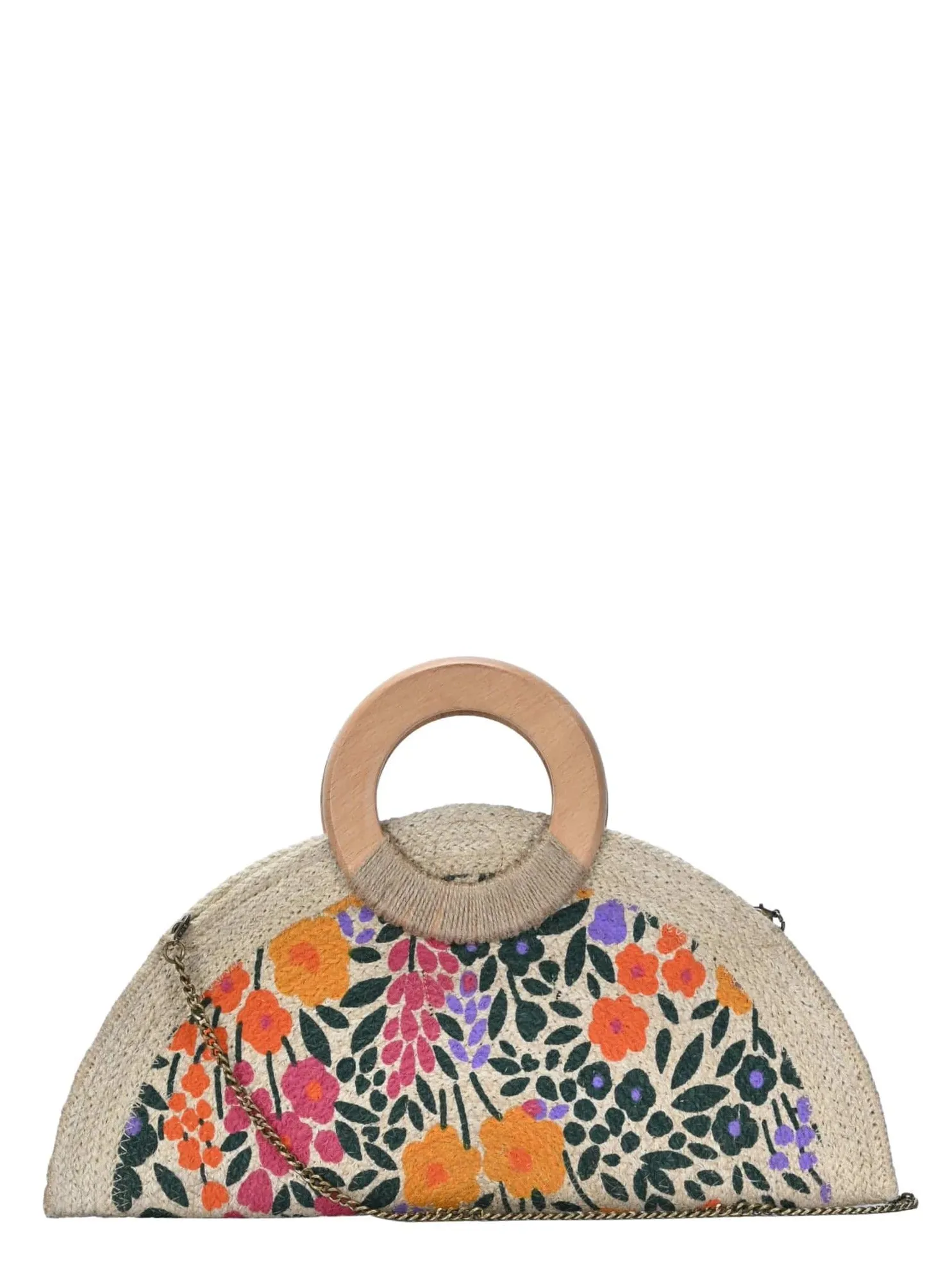 BGAIN236 Handmade Half Moon Jute Floral Clutch With Chain Strap