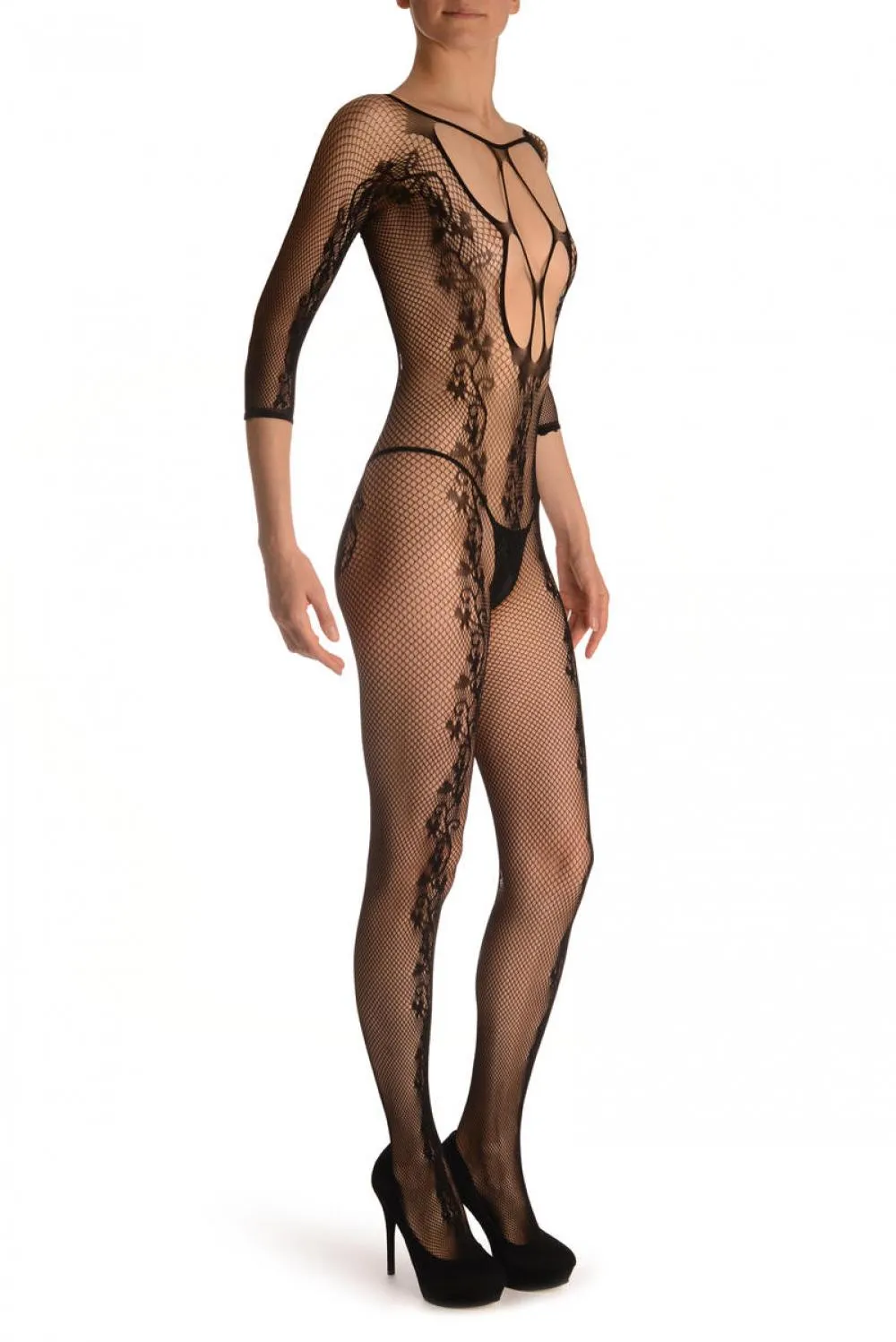 Black Bodystocking With Back Seam & Large Mesh Panels