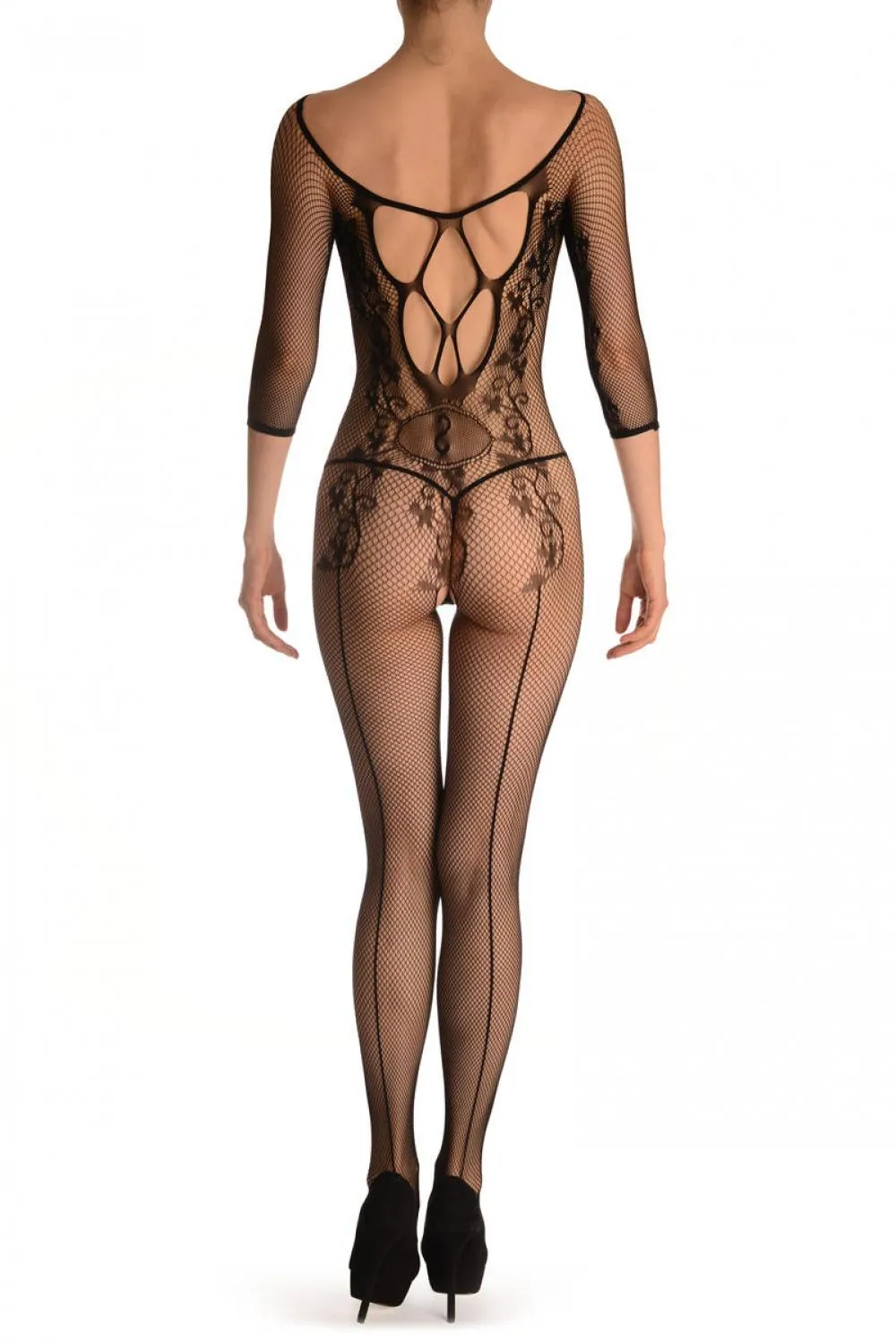 Black Bodystocking With Back Seam & Large Mesh Panels