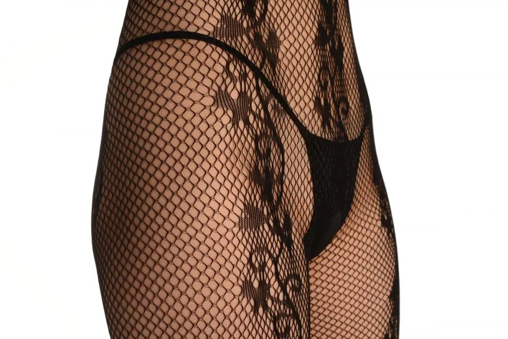 Black Bodystocking With Back Seam & Large Mesh Panels