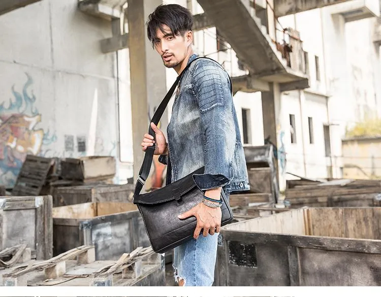 Black Casual Leather Mens 10 inches Side Bag Postman Bag Black Messenger Bags Courier Bag for Men