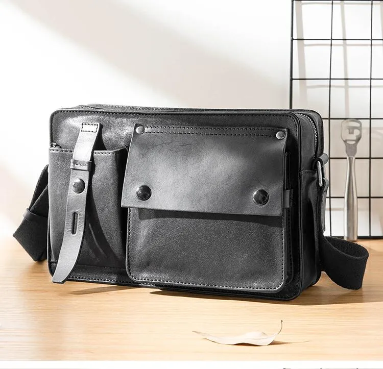 Black Cool Leather Mens 10inches Courier Bag Postman Bag Black Messenger Bags Side Bag for Men