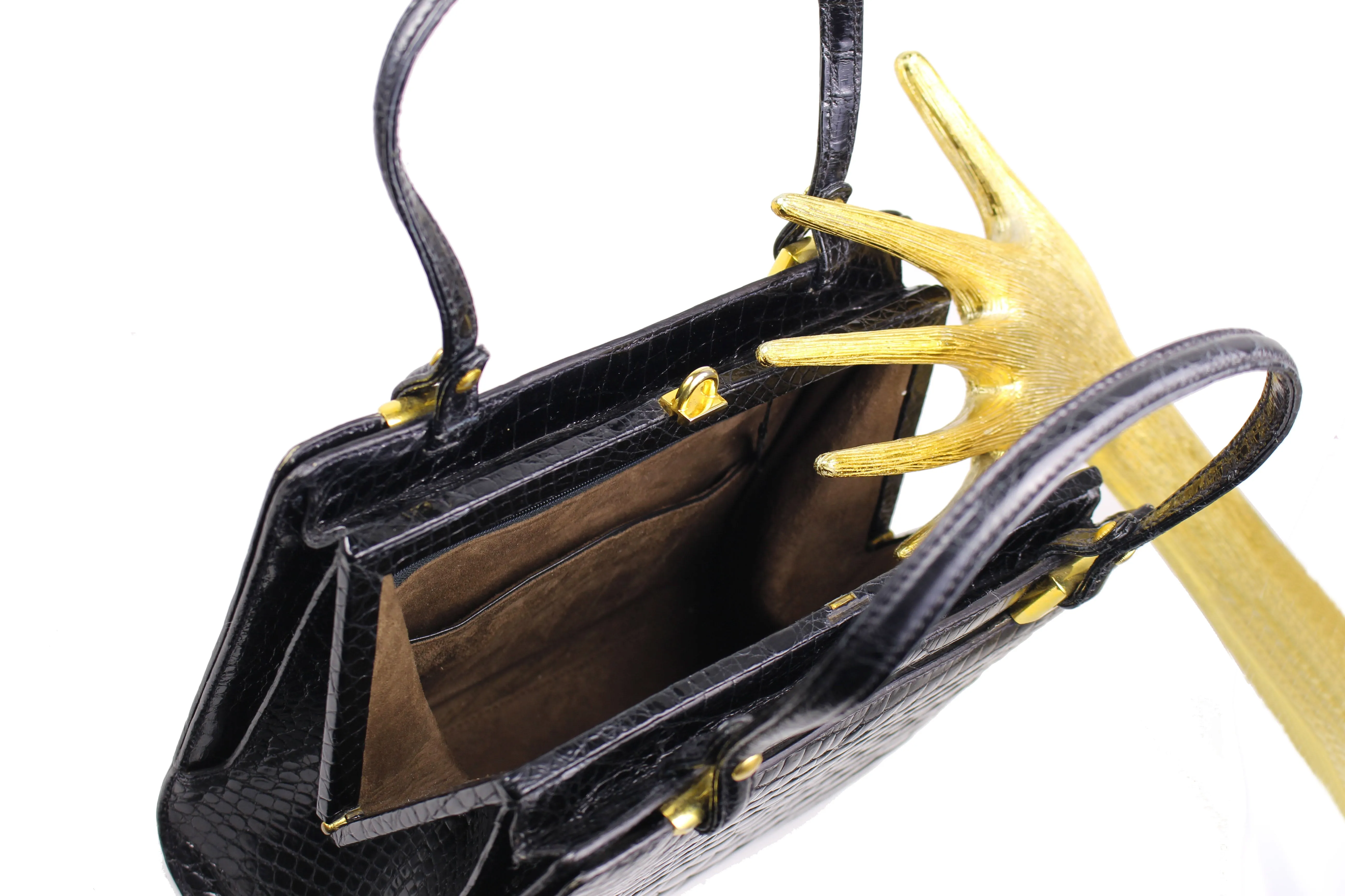 Black crocodile skin frame handbag with twin handles