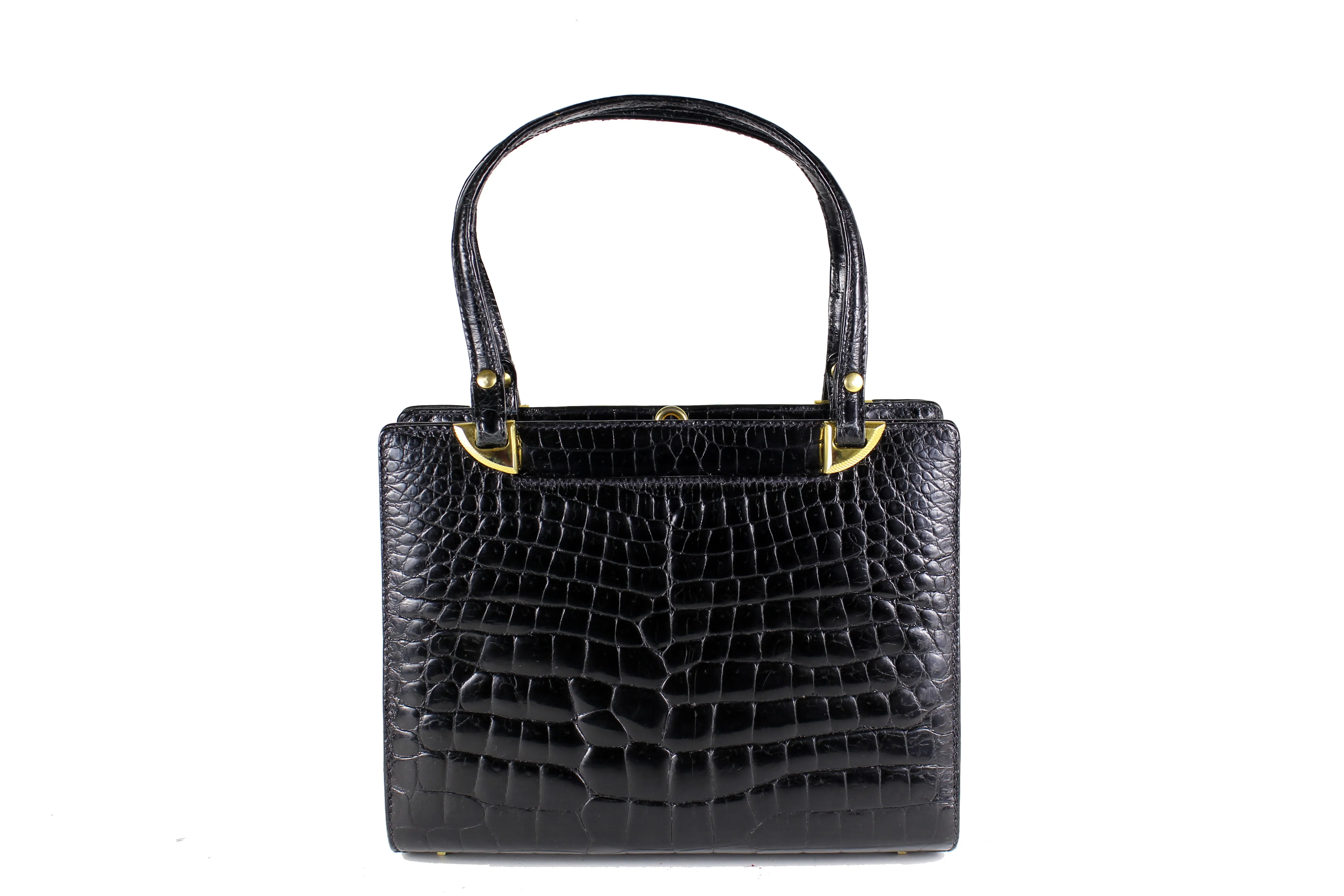 Black crocodile skin frame handbag with twin handles